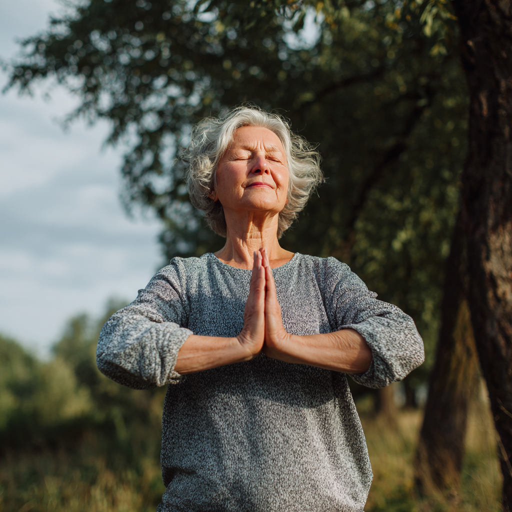 Smiling middle-aged Ukrainian woman in comfortable yoga clothes sitting in meditation pose in a bright, natural setting with plants