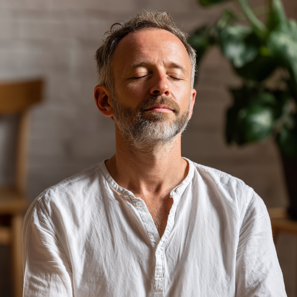 Elderly Ukrainian man in casual clothing doing gentle yoga stretches in a peaceful home environment with natural lighting