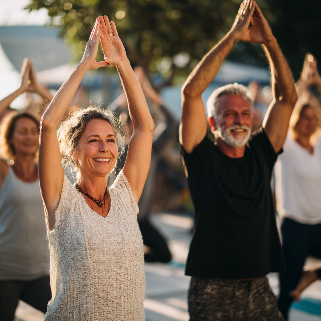 Group of diverse Ukrainian adults of different ages practicing yoga together in a peaceful outdoor setting with natural elements